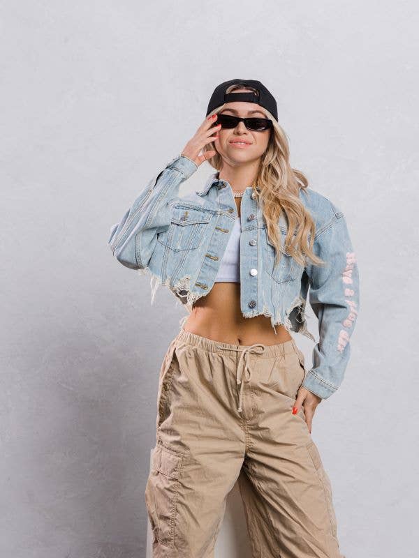 Distressed Crop Denim Jacket (Light Wash)